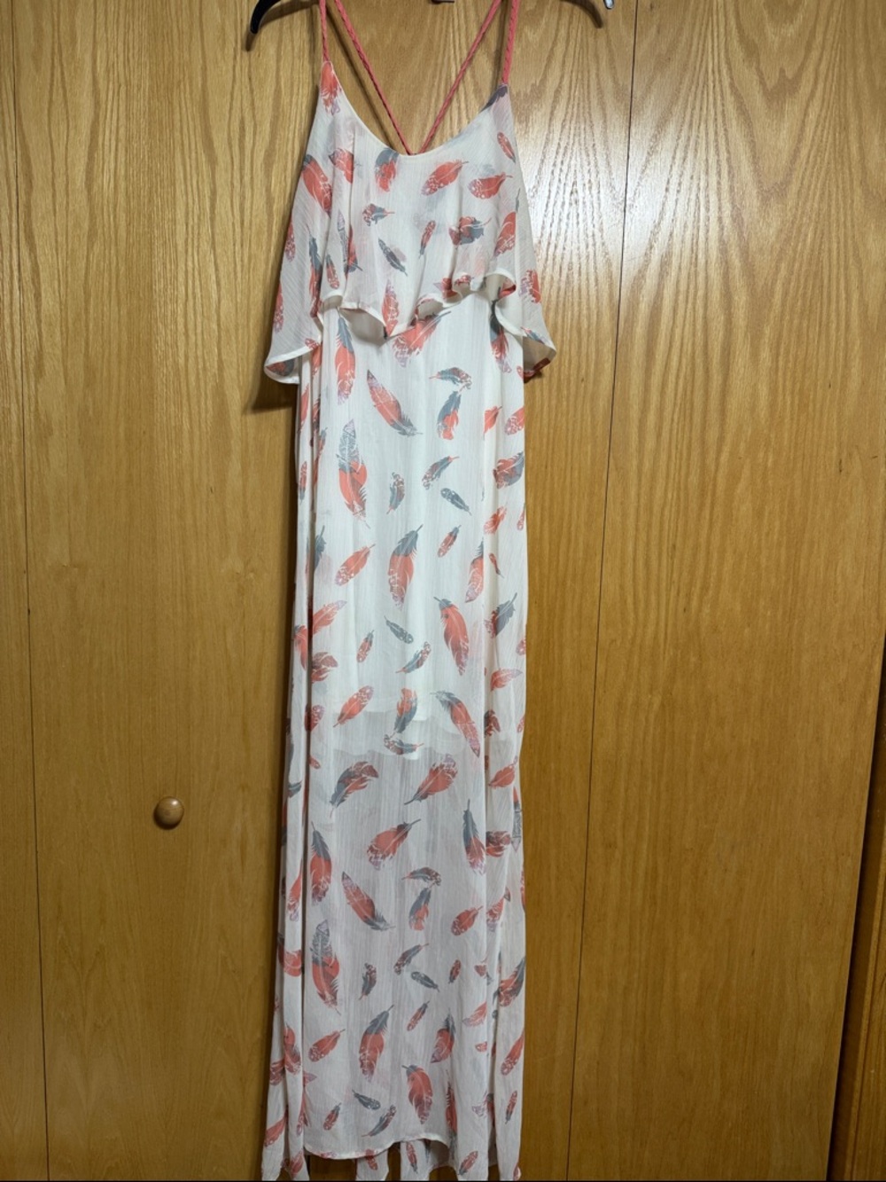 Xhilaration Cream Maxi Dress with Coral & Gray Feather Print